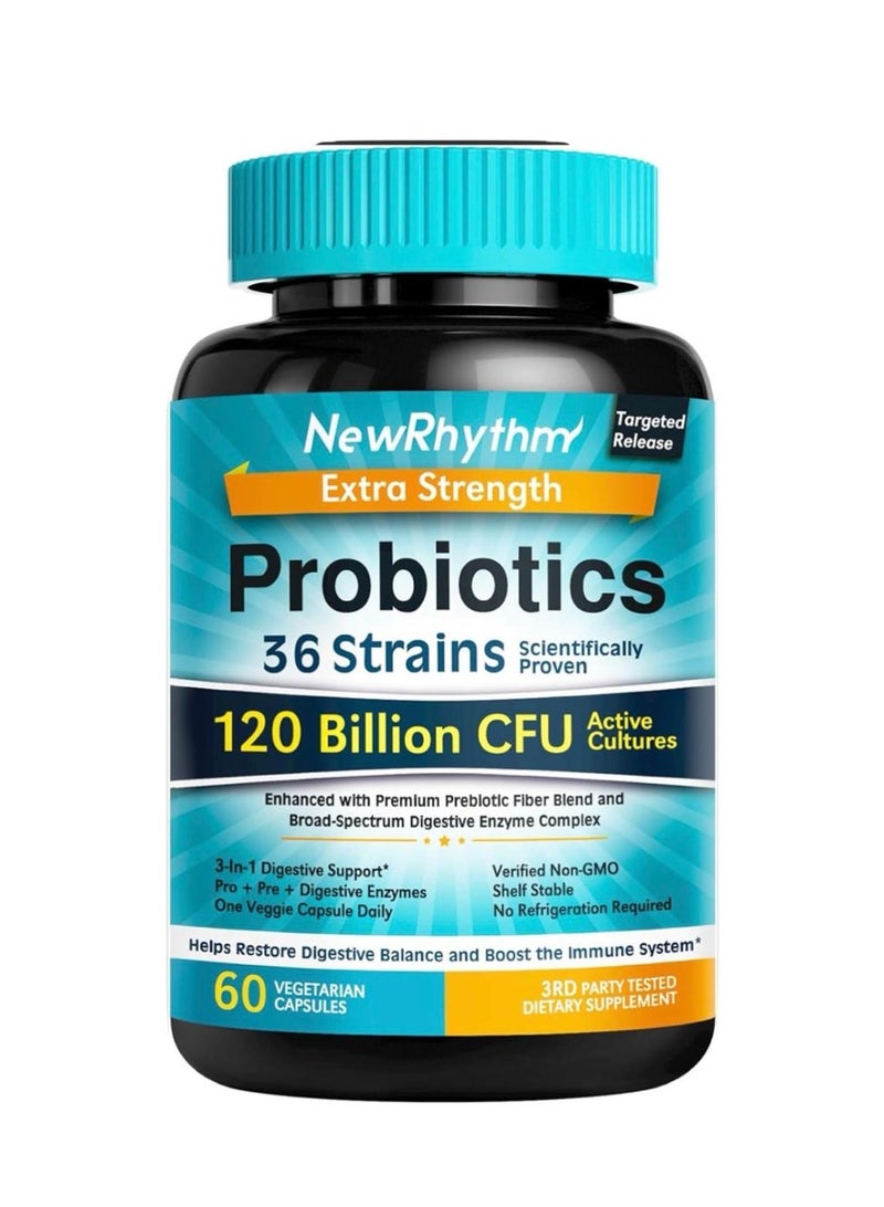 Probiotics 120 Billion CFU 36 Strains, 3-in-1 Digestive & Immune Support with Prebiotics & Enzymes, Targeted Release, Stomach Acid Resistant, No Refrigeration, Non-GMO, Vegan,Capsule